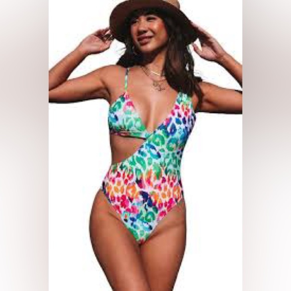 Matte Collection Leopard Print 1pc Rainbow Swimsuit Side Cut Out Padded Bra Punk